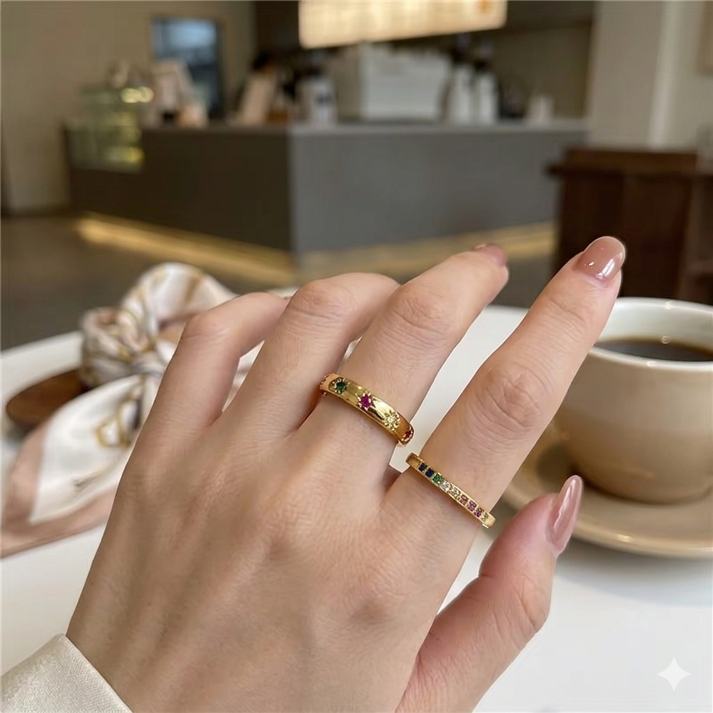 Rainbow Stars & Eternity Band Ring Set - 2PCS Gold Plated Stainless Steel Waterproof Jewelry for Women