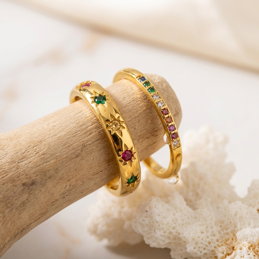 Rainbow Stars & Eternity Band Ring Set - 2PCS Gold Plated Stainless Steel Waterproof Jewelry for Women