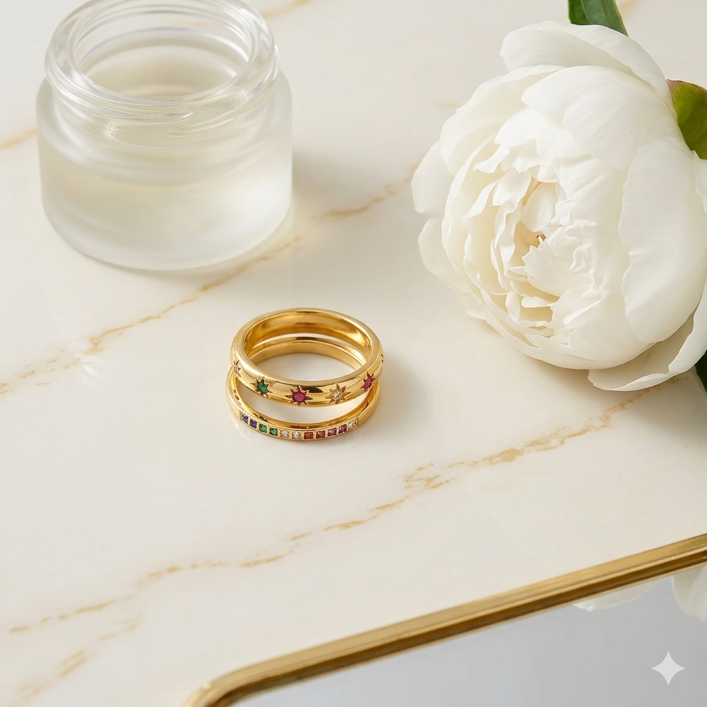Rainbow Stars & Eternity Band Ring Set - 2PCS Gold Plated Stainless Steel Waterproof Jewelry for Women